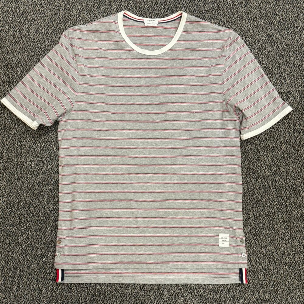 Thom Browne Light Grey/ Red Stripe Short Sleeve Ringer T-shirt size 4